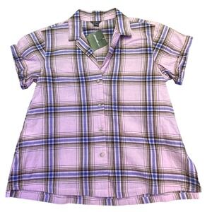 Eddie Bauer Button Down Shirt Women's Small NWT Plaid Short Sleeve Pink Blue